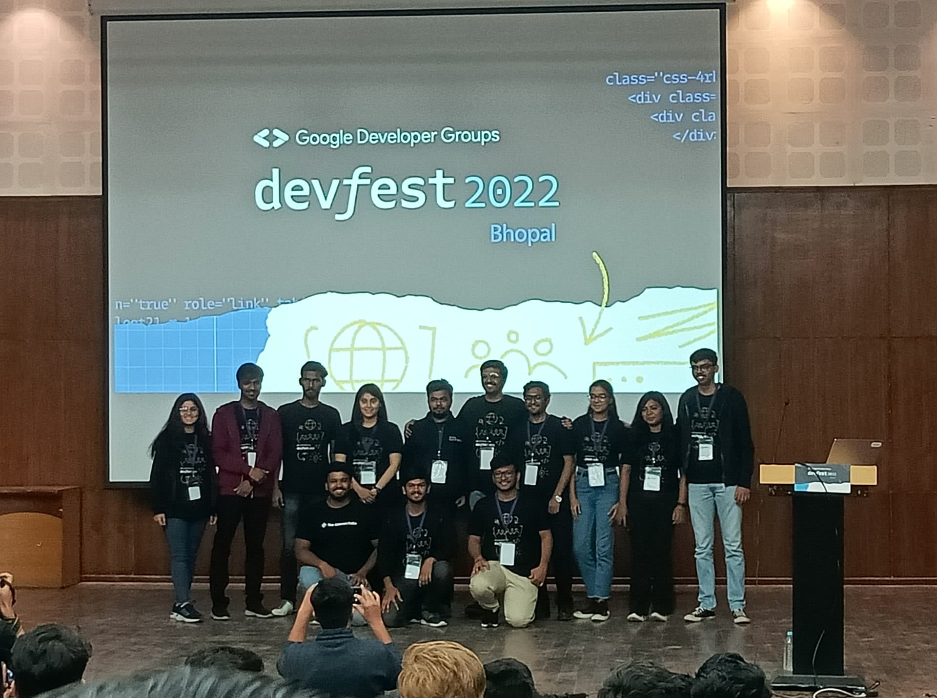 Core organizing crew and volunteers on stage at DevFest Bhopal 2022