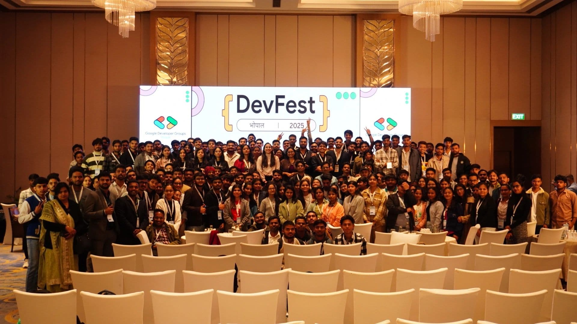 Auditorium hall and stage keynote at DevFest Bhopal, packed with attendees
